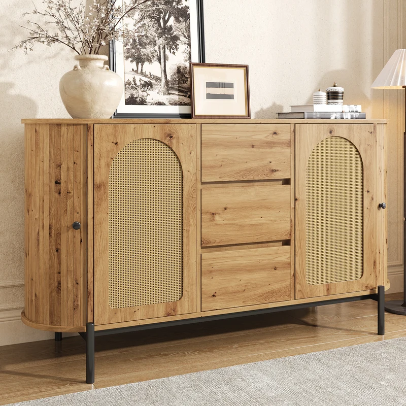 Buffet effet bois 2 portes en rotin et 3 tiroirs 140x 38x77,5cm BIRCHONE