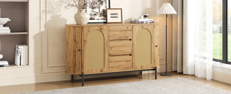 Buffet effet bois 2 portes en rotin et 3 tiroirs 140x 38x77,5cm BIRCHONE