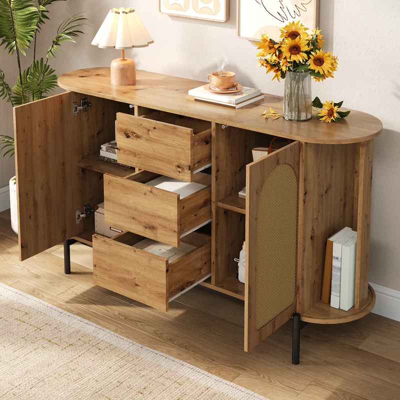 Buffet effet bois 2 portes en rotin et 3 tiroirs 140x 38x77,5cm BIRCHONE