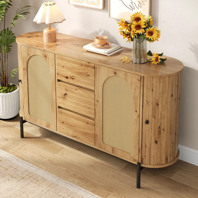 Buffet effet bois 2 portes en rotin et 3 tiroirs 140x 38x77,5cm BIRCHONE
