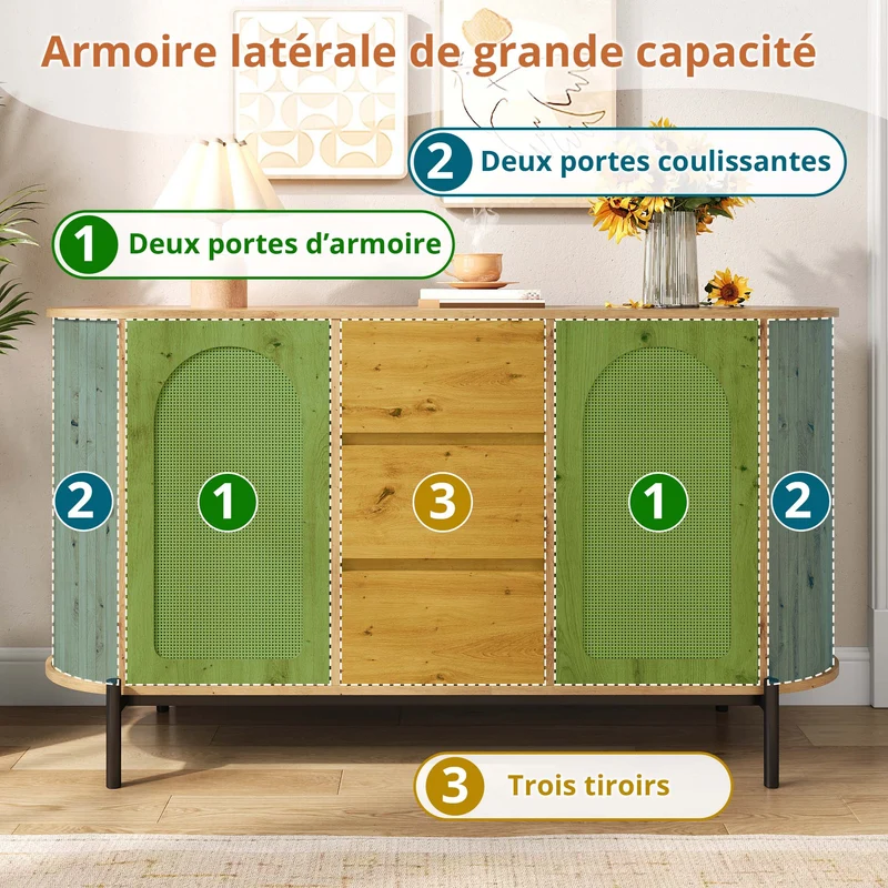 Buffet effet bois 2 portes en rotin et 3 tiroirs 140x 38x77,5cm BIRCHONE