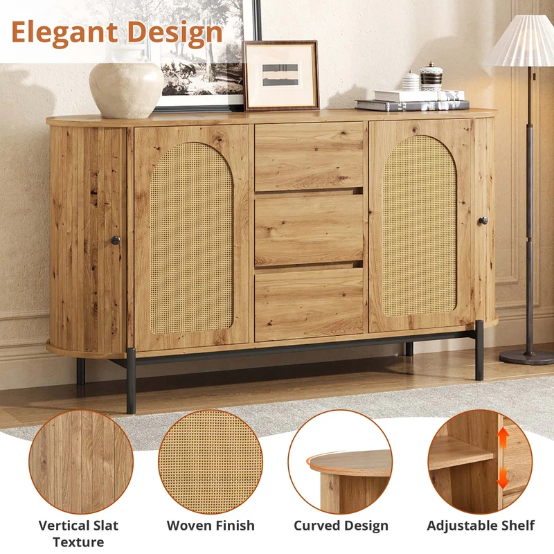 Buffet effet bois 2 portes en rotin et 3 tiroirs 140x 38x77,5cm BIRCHONE
