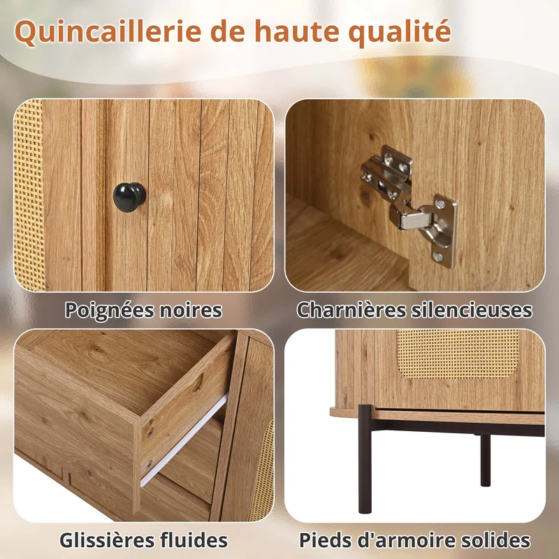 Buffet effet bois 2 portes en rotin et 3 tiroirs 140x 38x77,5cm BIRCHONE