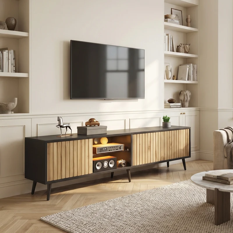 Meuble TV effet bois et noir avec LED 3 portes, 6 pieds BIRCHPLUS
