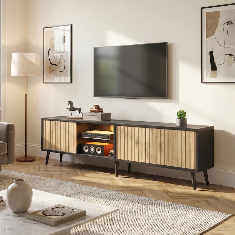 Meuble TV effet bois et noir avec LED 3 portes, 6 pieds BIRCHPLUS