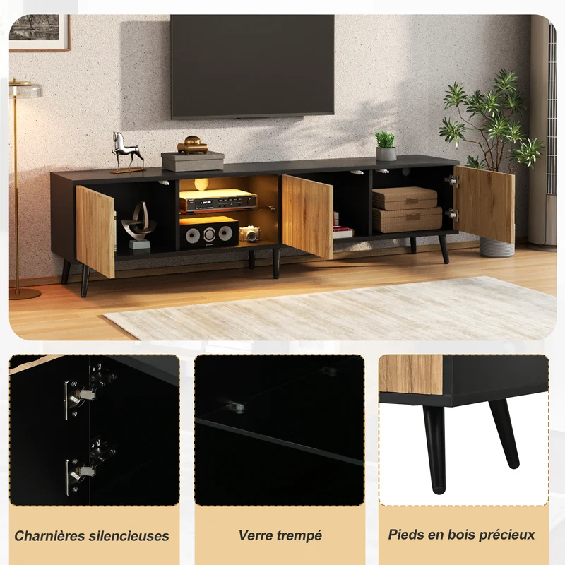 Meuble TV effet bois et noir avec LED 3 portes, 6 pieds BIRCHPLUS