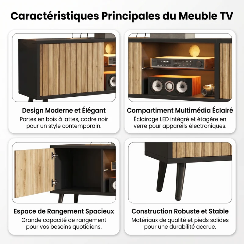 Meuble TV effet bois et noir avec LED 3 portes, 6 pieds BIRCHPLUS