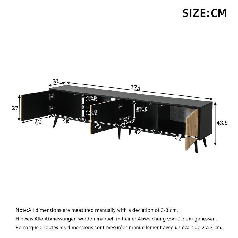Meuble TV effet bois et noir avec LED 3 portes, 6 pieds BIRCHPLUS