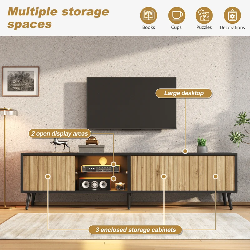 Meuble TV effet bois et noir avec LED 3 portes, 6 pieds BIRCHPLUS