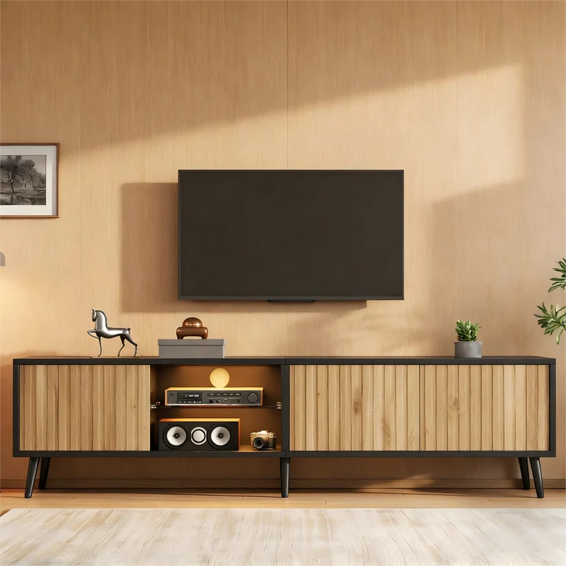 Meuble TV effet bois et noir avec LED 3 portes, 6 pieds BIRCHPLUS