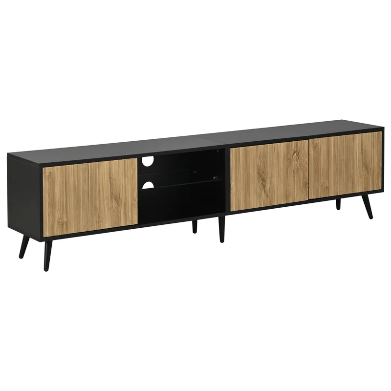 Meuble TV effet bois et noir avec LED 3 portes, 6 pieds BIRCHPLUS
