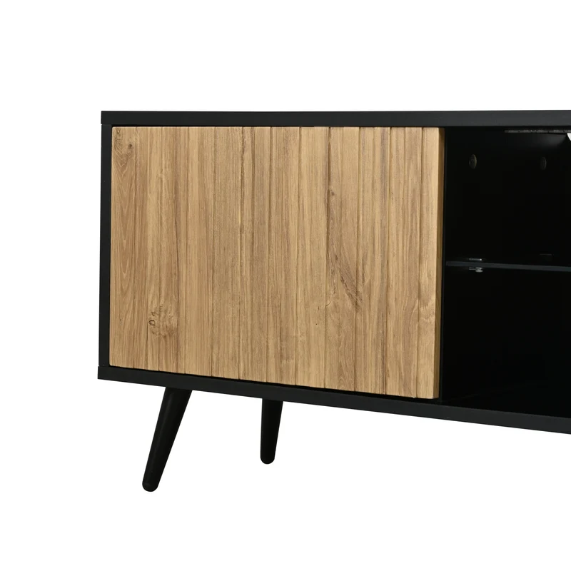 Meuble TV effet bois et noir avec LED 3 portes, 6 pieds BIRCHPLUS