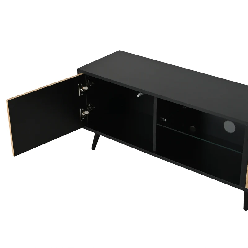 Meuble TV effet bois et noir avec LED 3 portes, 6 pieds BIRCHPLUS