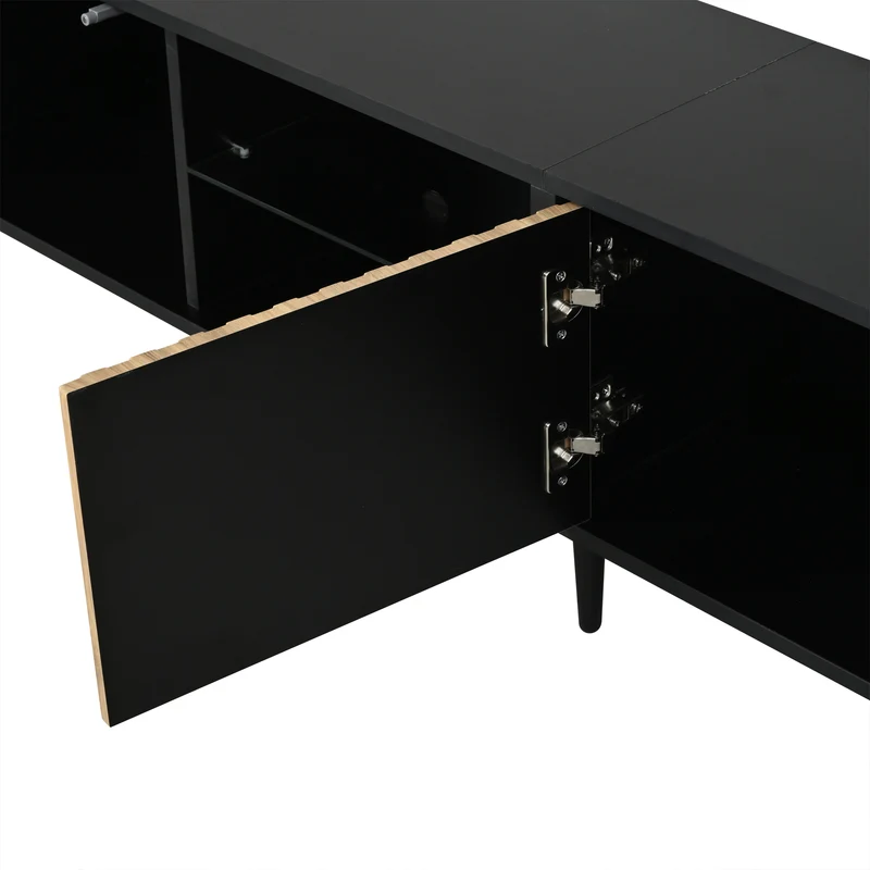 Meuble TV effet bois et noir avec LED 3 portes, 6 pieds BIRCHPLUS