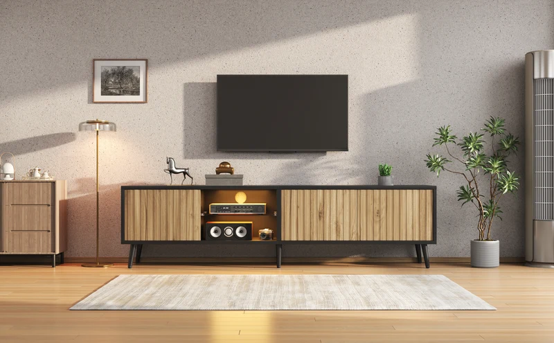 Meuble TV effet bois et noir avec LED 3 portes, 6 pieds BIRCHPLUS
