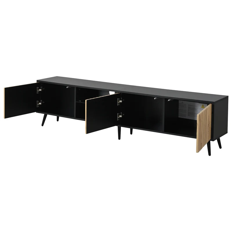 Meuble TV effet bois et noir avec LED 3 portes, 6 pieds BIRCHPLUS