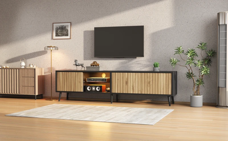Meuble TV effet bois et noir avec LED 3 portes, 6 pieds BIRCHPLUS
