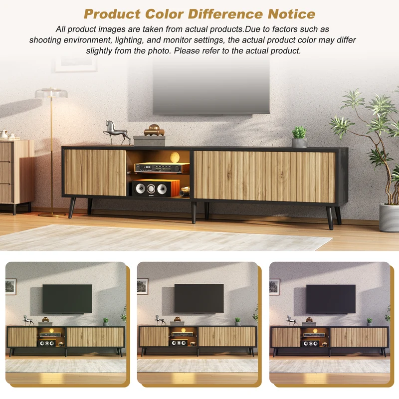 Meuble TV effet bois et noir avec LED 3 portes, 6 pieds BIRCHPLUS