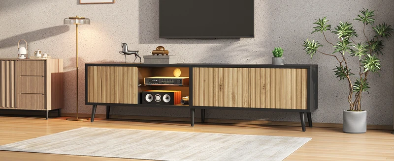 Meuble TV effet bois et noir avec LED 3 portes, 6 pieds BIRCHPLUS