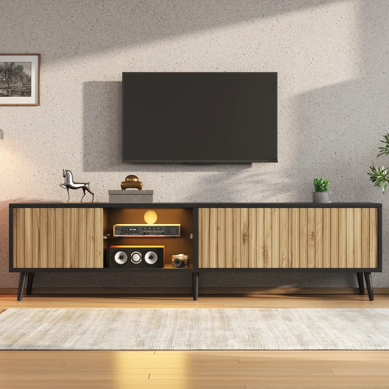 Meuble TV effet bois et noir avec LED 3 portes, 6 pieds BIRCHPLUS