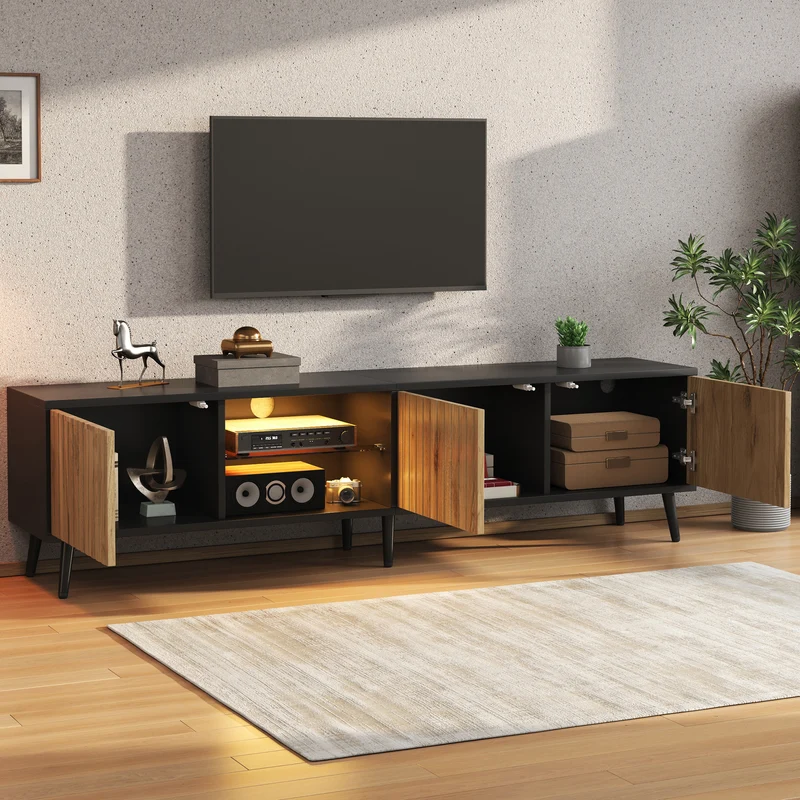 Meuble TV effet bois et noir avec LED 3 portes, 6 pieds BIRCHPLUS