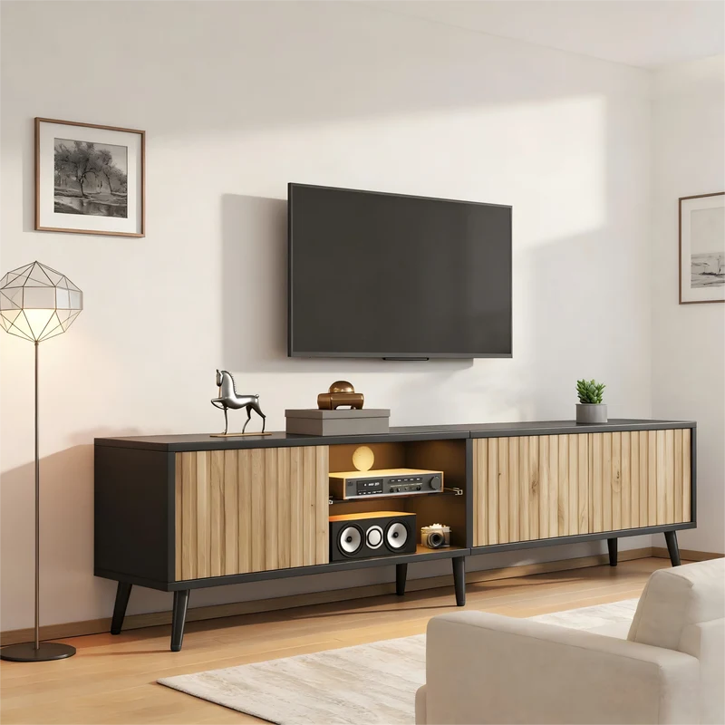 Meuble TV effet bois et noir avec LED 3 portes, 6 pieds BIRCHPLUS