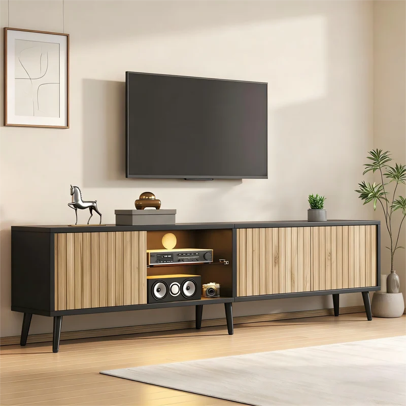 Meuble TV effet bois et noir avec LED 3 portes, 6 pieds BIRCHPLUS