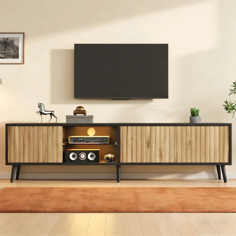 Meuble TV effet bois et noir avec LED 3 portes, 6 pieds BIRCHPLUS