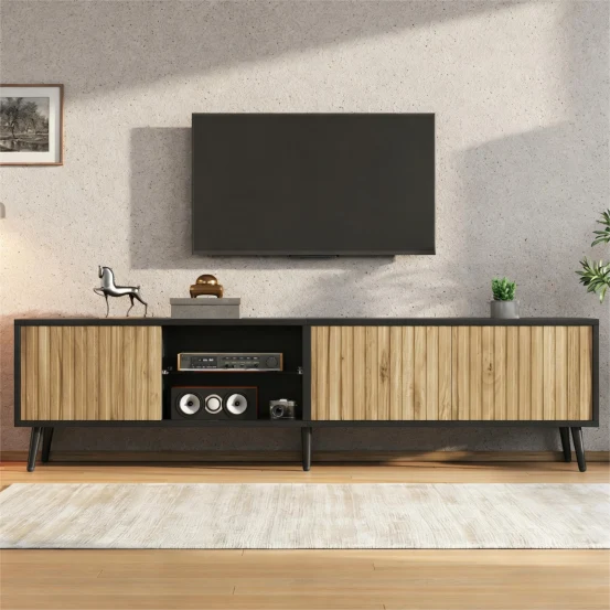 Meuble TV effet bois et noir avec LED 3 portes, 6 pieds BIRCHPLUS