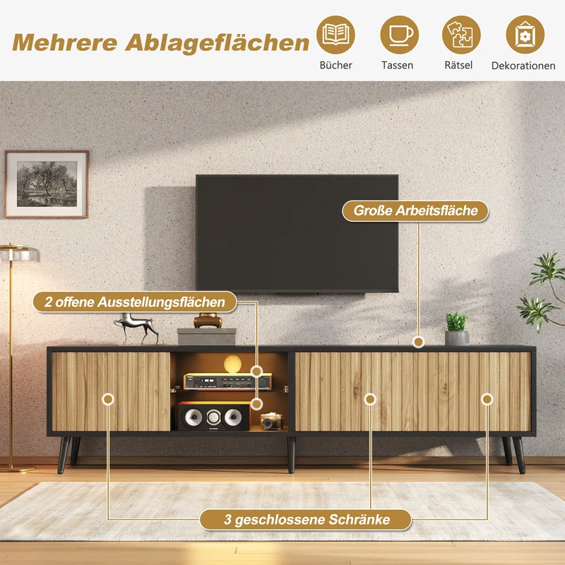 Meuble TV effet bois et noir avec LED 3 portes, 6 pieds BIRCHPLUS