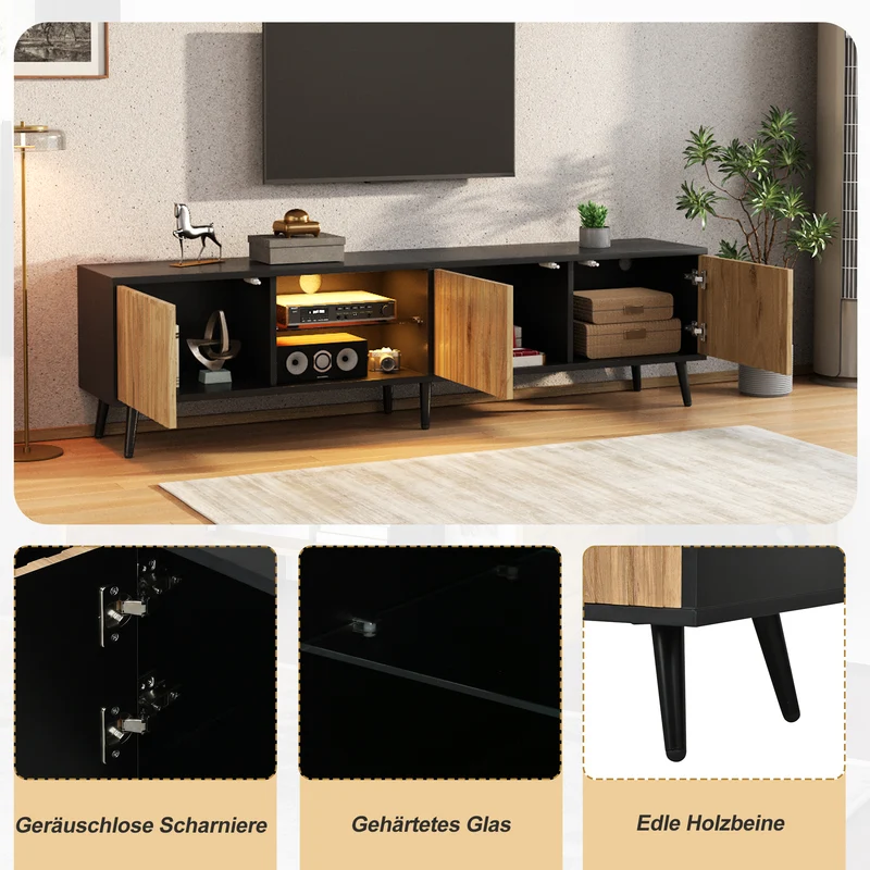 Meuble TV effet bois et noir avec LED 3 portes, 6 pieds BIRCHPLUS