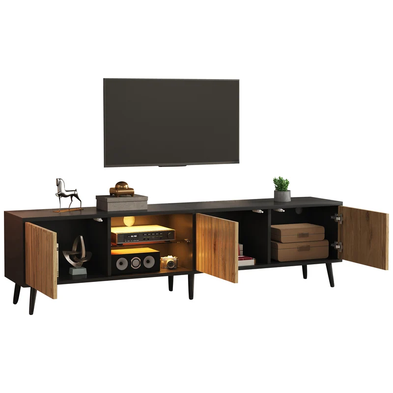 Meuble TV effet bois et noir avec LED 3 portes, 6 pieds BIRCHPLUS