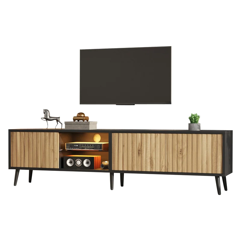 Meuble TV effet bois et noir avec LED 3 portes, 6 pieds BIRCHPLUS