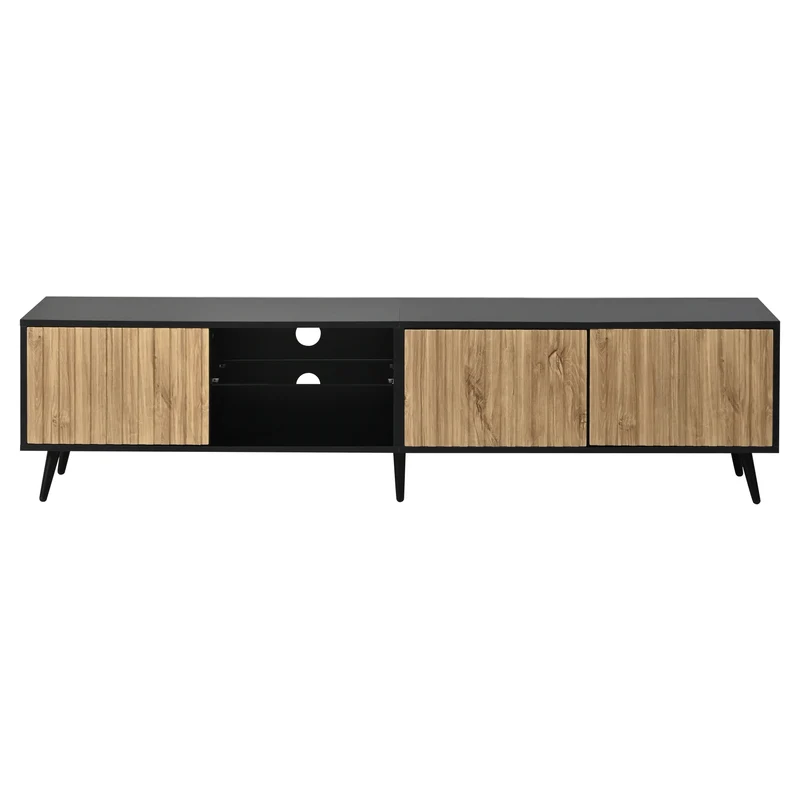 Meuble TV effet bois et noir avec LED 3 portes, 6 pieds BIRCHPLUS