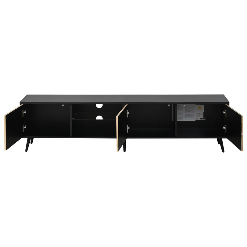 Meuble TV effet bois et noir avec LED 3 portes, 6 pieds BIRCHPLUS