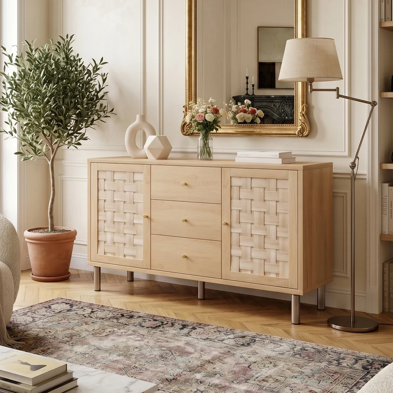 Buffet effet bois chêne 2 portes tressées 3 tiroirs 120x40x75cm BOOKCASEAIR