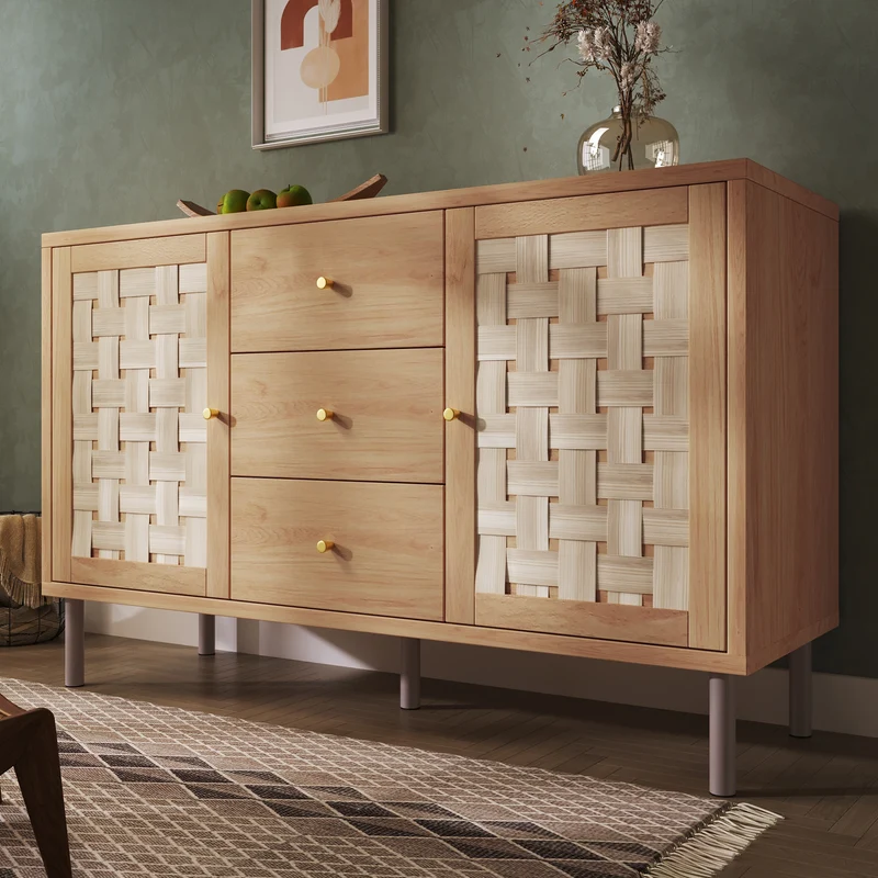 Buffet effet bois chêne 2 portes tressées 3 tiroirs 120x40x75cm BOOKCASEAIR