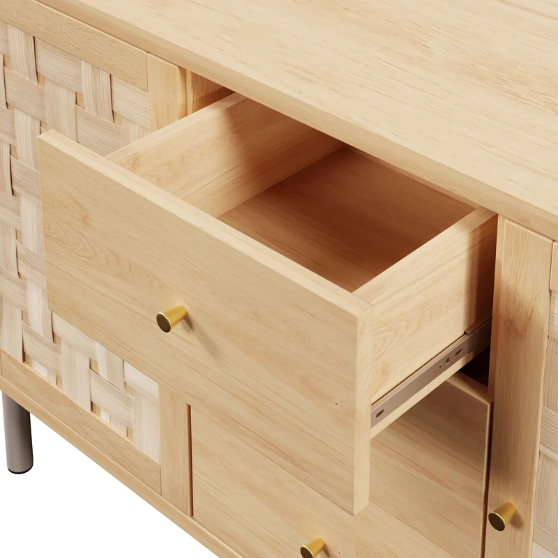 Buffet effet bois chêne 2 portes tressées 3 tiroirs 120x40x75cm BOOKCASEAIR