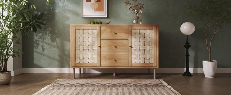 Buffet effet bois chêne 2 portes tressées 3 tiroirs 120x40x75cm BOOKCASEAIR