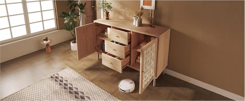 Buffet effet bois chêne 2 portes tressées 3 tiroirs 120x40x75cm BOOKCASEAIR