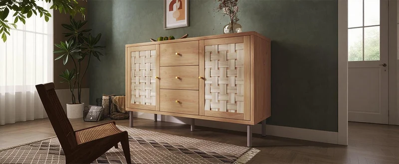 Buffet effet bois chêne 2 portes tressées 3 tiroirs 120x40x75cm BOOKCASEAIR
