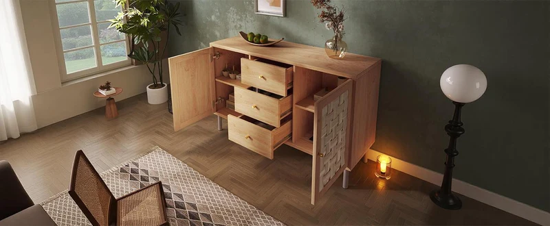 Buffet effet bois chêne 2 portes tressées 3 tiroirs 120x40x75cm BOOKCASEAIR