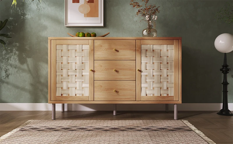Buffet effet bois chêne 2 portes tressées 3 tiroirs 120x40x75cm BOOKCASEAIR