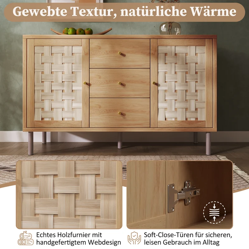 Buffet effet bois chêne 2 portes tressées 3 tiroirs 120x40x75cm BOOKCASEAIR