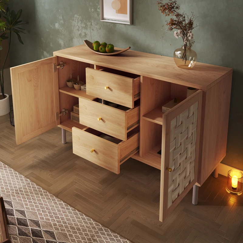 Buffet effet bois chêne 2 portes tressées 3 tiroirs 120x40x75cm BOOKCASEAIR