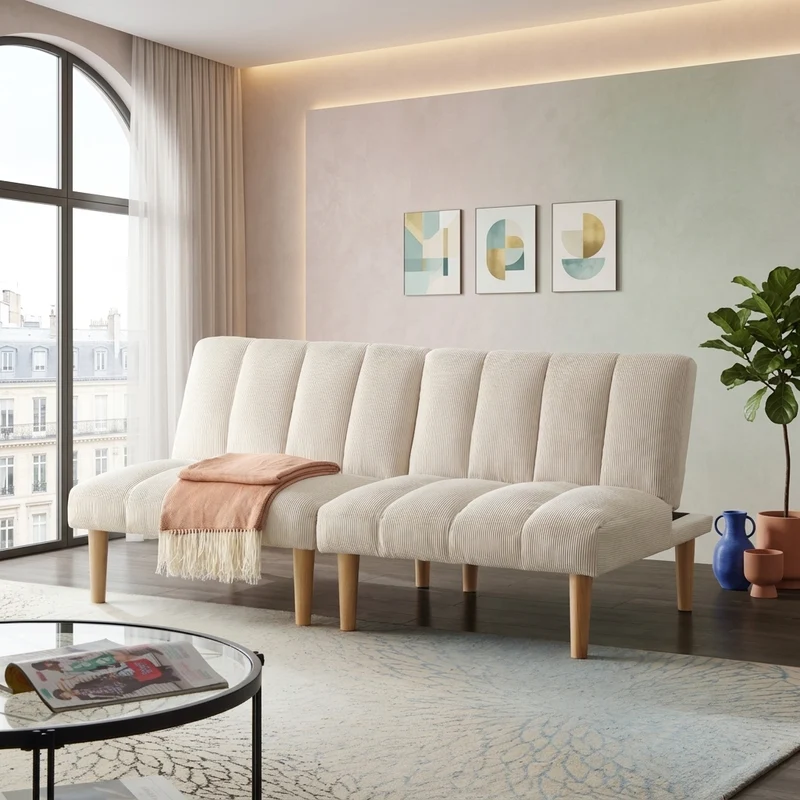 Canapé-lit 3 places clic-clac 3 positions en velours côtelé beige BIRCHPRIME