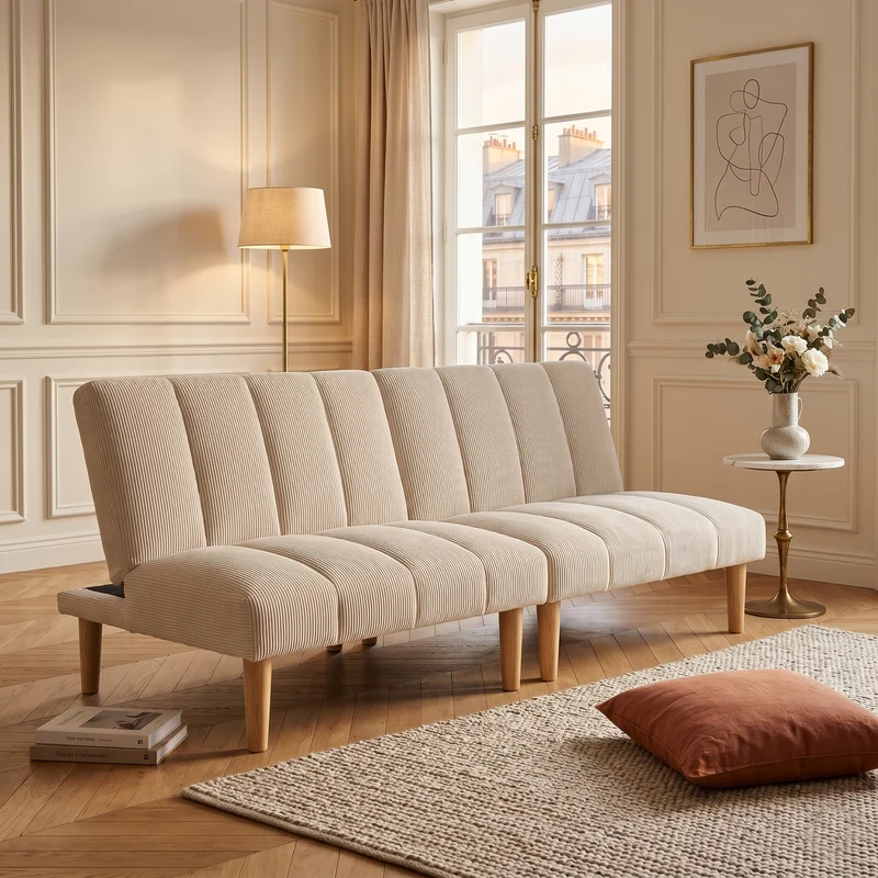 Canapé-lit 3 places clic-clac 3 positions en velours côtelé beige BIRCHPRIME