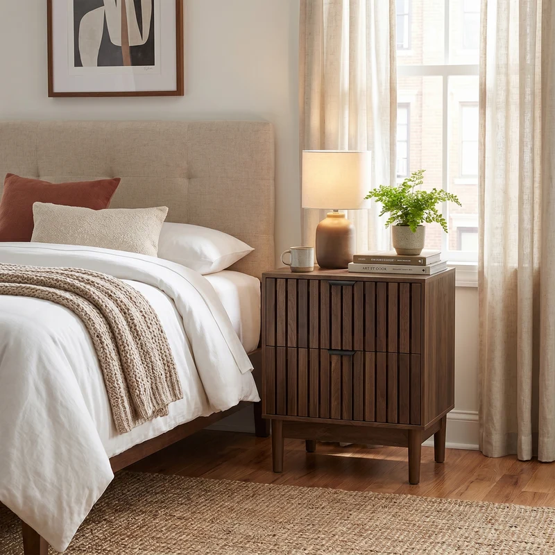 Table de chevet effet noyer design côtelé 2 tiroirs, 1 pièce BIRCHVANITY