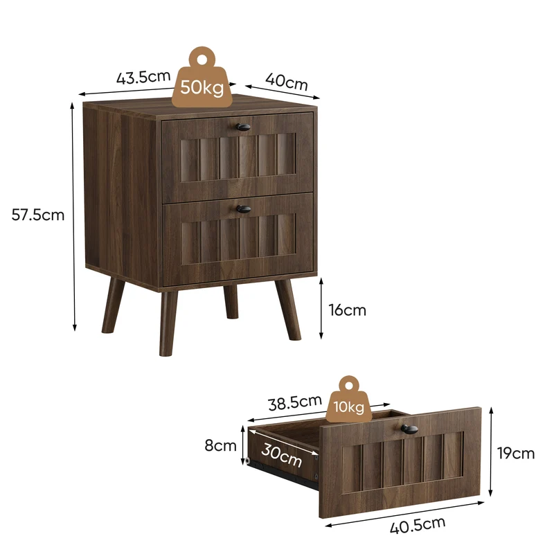 Table de chevet effet noyer design côtelé 2 tiroirs, 1 pièce BIRCHVANITY