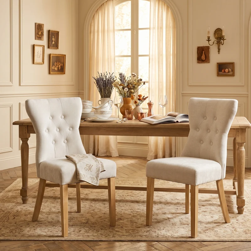Lot de 2 chaises de salle à manger tissu chenille beige pieds bois massif BIRCHCURTAIN
